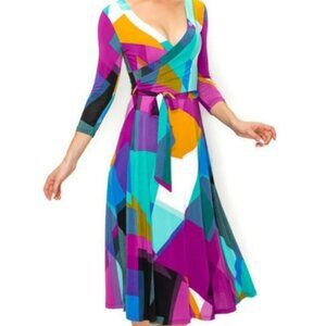 Janette Fashion Purple Patches Faux Wrap Knee Length Dress